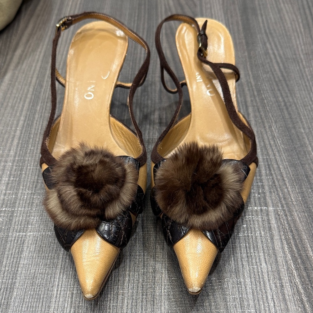 Valentino Garavani Tan and Brown Fur Accent Heels